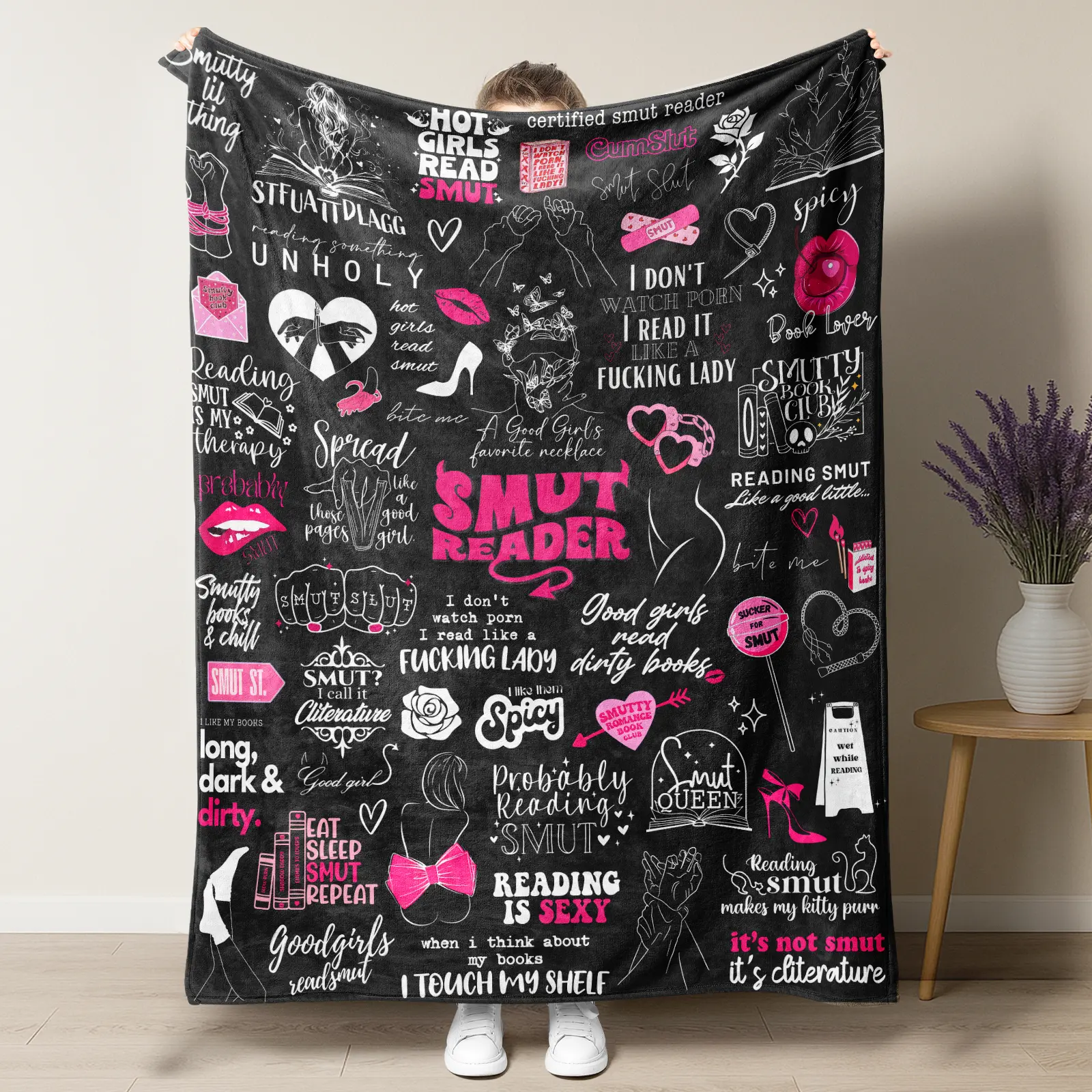Summervibes Spicy Book Lover Flannel Blanket, Sassy Romance Reader Quote Collage, Ultra Soft Throw for Book Fans
