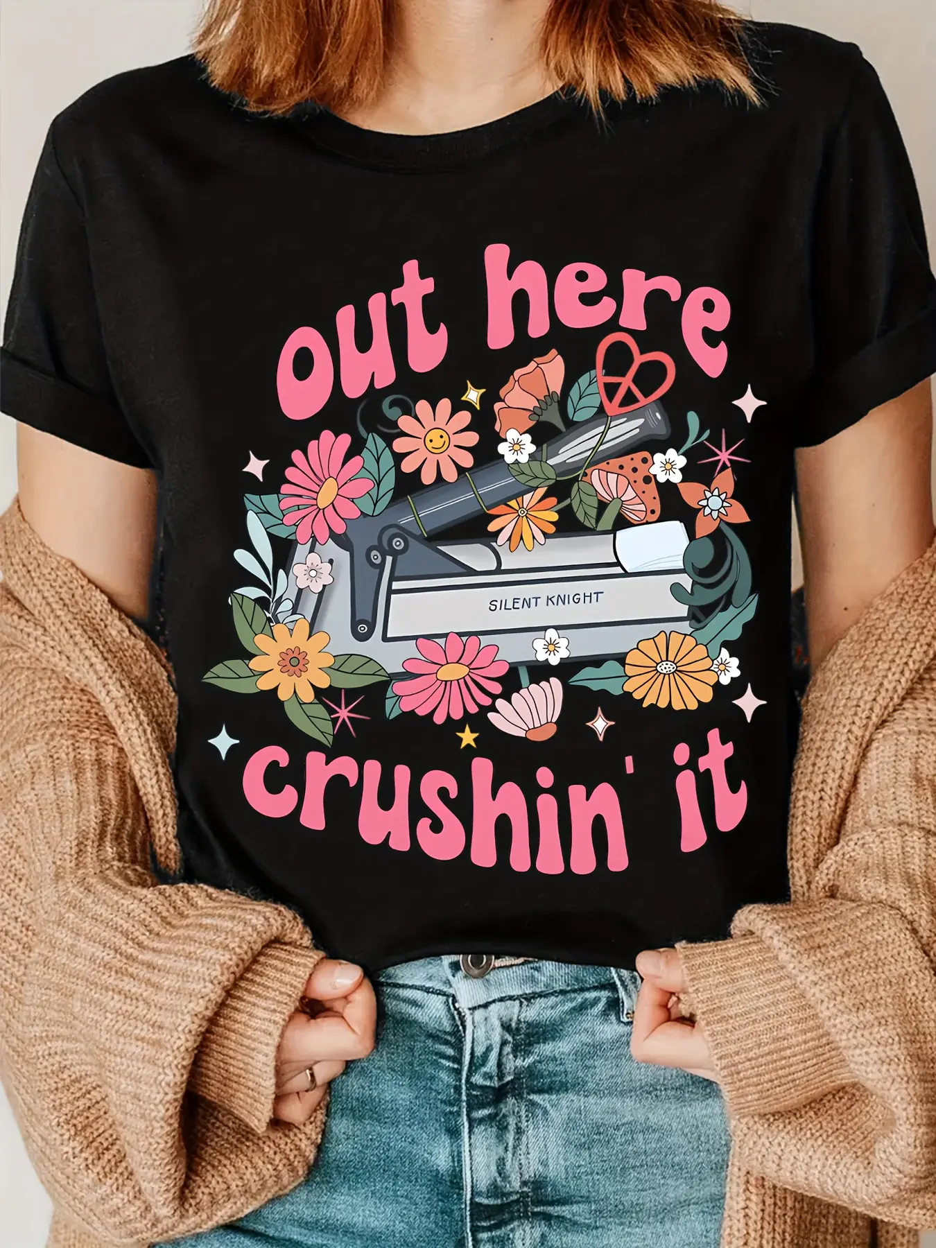 Funny Nurse Polyester Funny Nurse T Shirt Floral Medicine Assistant, Med Tech Print, Out Here Crushin'it, Nurse Floral, Medium Stretch Crew Neck Summer Knit Fabric