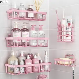 Pink Bathroom Accessories 5-Pack Rust-Proof &Waterproof  Rack No Drilling RequiredStick-On Storage Rack with Toothbrush & SoapHolder Large-Capacity Minimalist Design