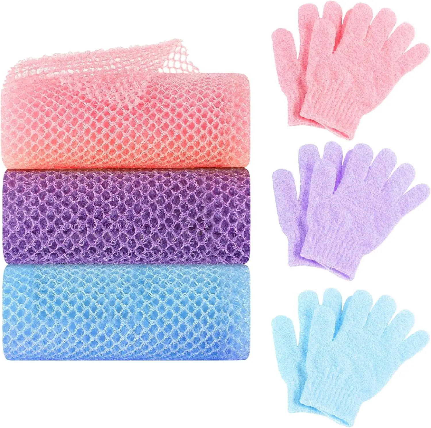6 Pack  Net Sponge  Glove Set, 3 Bath Sponge  Scrubber  Scrubber and 3 Pairs  Gloves as Stocking Stuffers for Adults