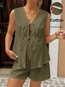 NANCY Maternity 2pcs Maternity Casual V-Neck Tie Front Sleeveless Top And Shorts Set, Summer Women Vacation Outfit Sets Cotton Women's Clothing Cotton Top Women Summer 2 Pieces Sets