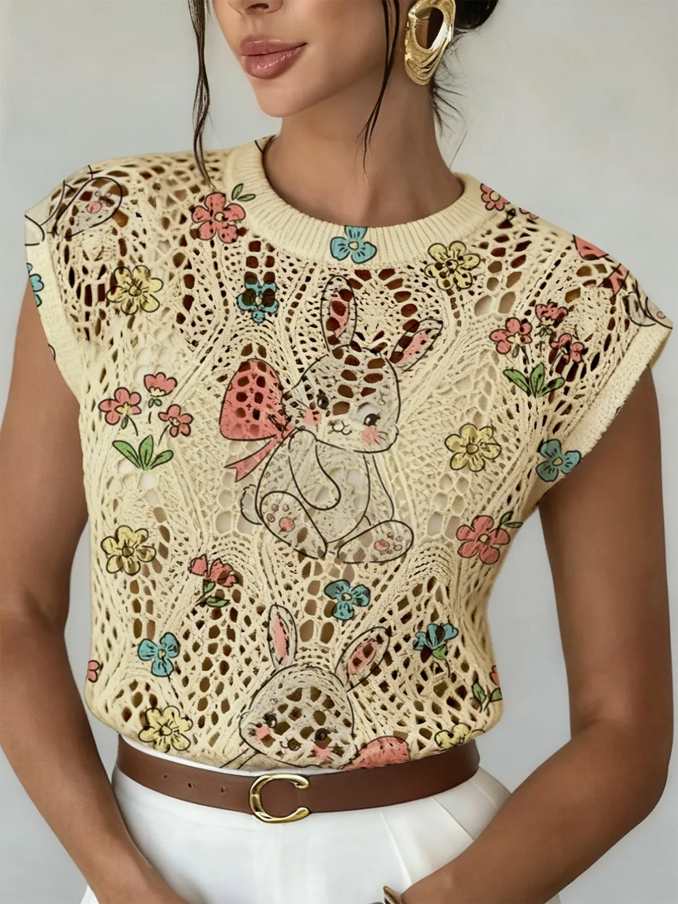 Elegant Women's Cartoon Floral Rabbit Animal Print Round Neck Sweater, Casual Hollow Out Sleeveless Knit Vest Knitwear for Spring Summer Fall Winter