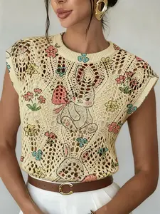 Elegant Women's Cartoon Floral Rabbit Animal Print Round Neck Sweater, Casual Sleeveless Knitwear for Spring Summer Fall Winter
