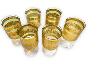 Morphew Abode 1960S CULVAR Light Green Art Deco & 22K Gold Stemmed Glassware Set With Carrier