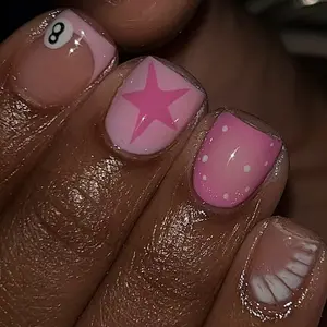 24pcs Short Square Nail Art Set, French Press-On Nails, Star & Pool Ball Designs, Glossy Finish, Reusable Party Dance Daily Wear, Nail Art Diy, Nail Accessories, Nail Art Decoration
