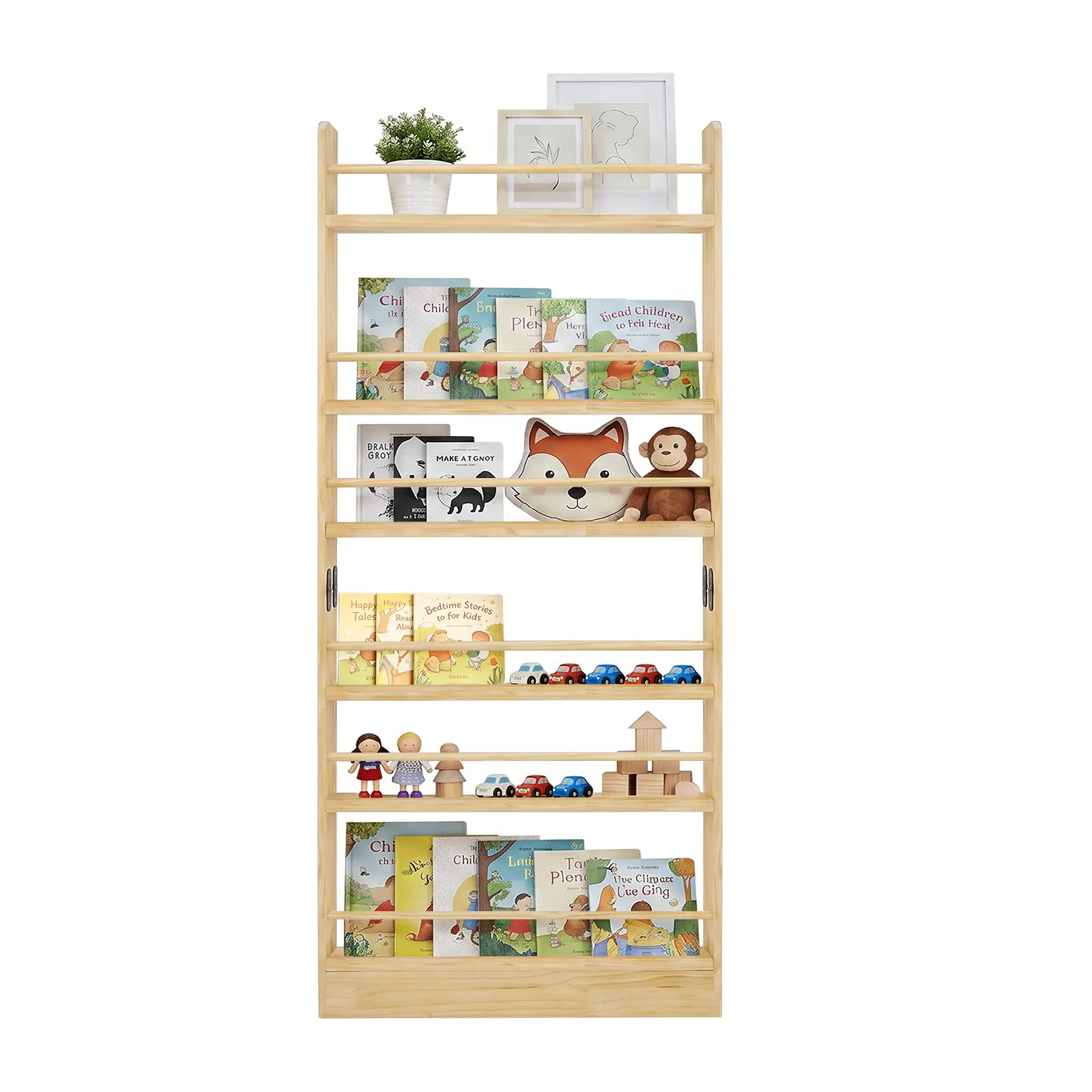 Solid Wood 6-Tier Behind-the-Door Bookshelf, 68.38" Tall Slim Open Bookcase, Wall-Mounted Space-Saving Display Shelf for Bedroom, Living Room, Playroom, Natural Wood Finish, 31.5"L x 4"D