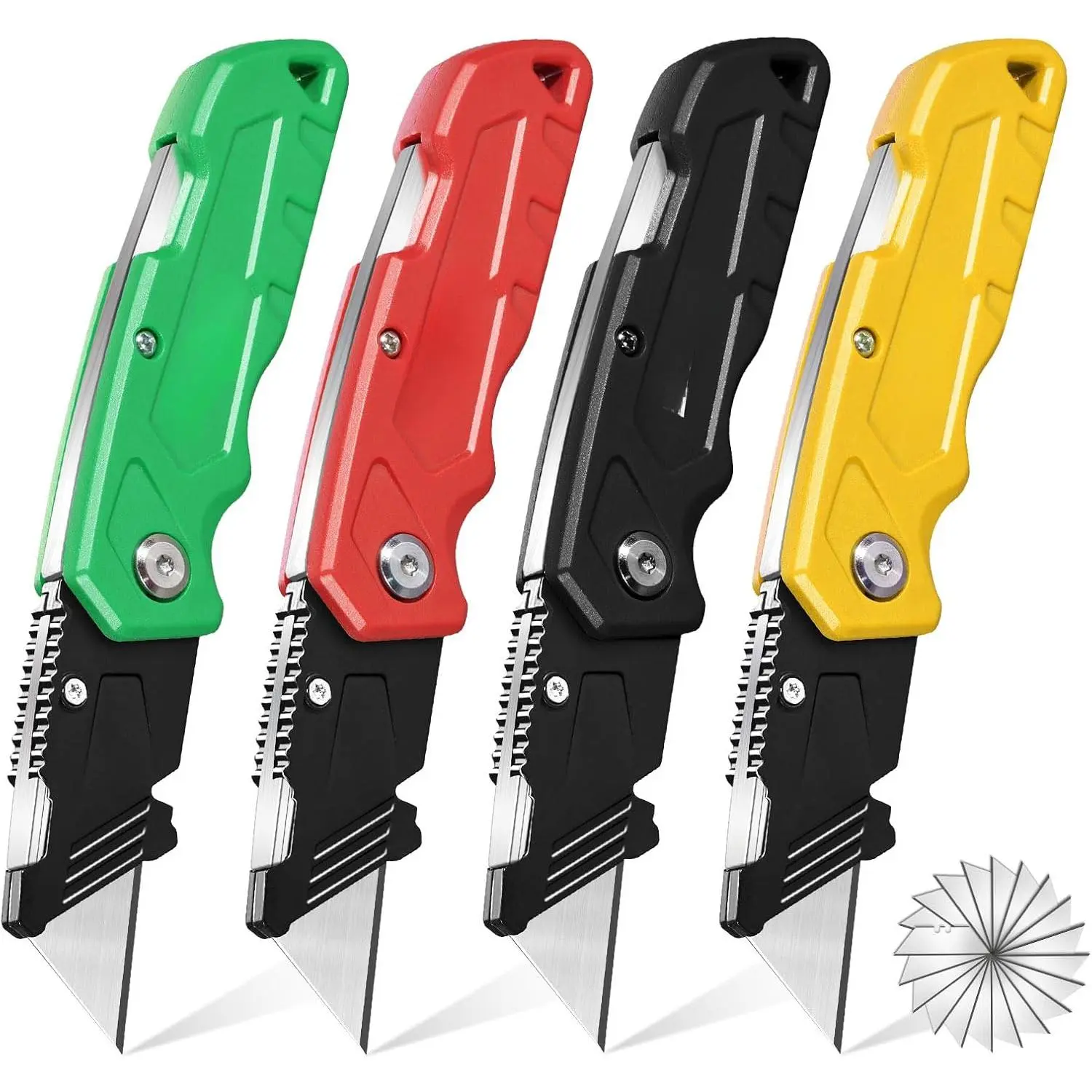 Folding Utility Knife 4-Pack for Father's Day, Christmas Day, Anniversaries, Birthdays & Husbands - Heavy-Duty Box Cutter with Pocket Clip, Fixed-Blade Safety Knife, Quick-Change Razor, 20 Extra SK5 Blades for Cardboard, Carpet, Anniversary