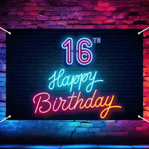 Neon Happy 16th Birthday Backdrop Banner Cool Glow Neon Theme Background Decor for   Birthday Party Let's Glow Party Celebration Decorations Photo Booth Props Supplies 70.8x47.2in-
