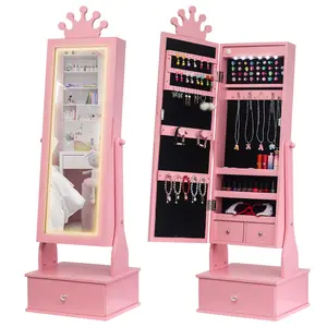 Garvee Princess Crown Kids Jewelry Armoire Cabinet with Full-Length LED Mirror – 3 Drawers, Necklace Hooks, Earring & Ring Holder – Child-Safe Freestanding Jewelry Storage Organizer for Girls – Pink or White