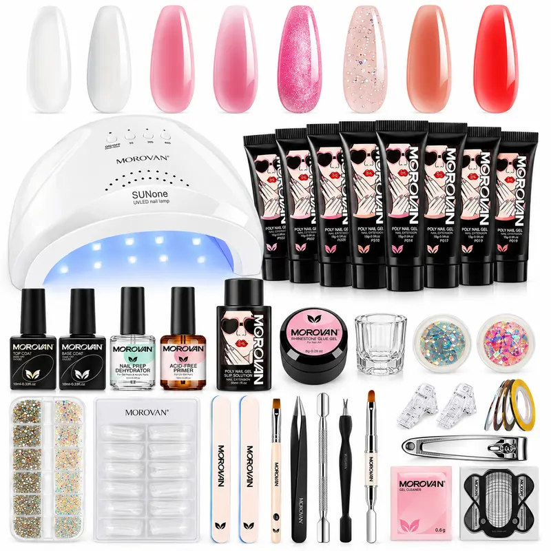 MOROVAN 8-Charming Colors UV-Light Nail Art Kit for Adults, 48W UV Curing Light, Slip Solution, Base & Top Coat, Natural Manicure Tools for At-Home Gel X (24 Months Support)
