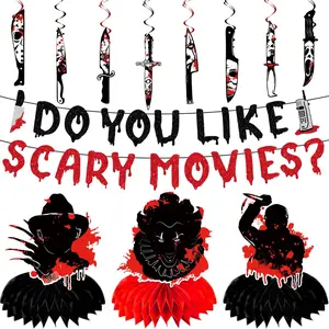 Halloween Horror Birthday Party Decorations, Scary Theme Party Set Include Glittery Do You Like Scary Movies Halloween Banner, 8 Hanging Swirls and 3 Honeycomb Centerpieces for Horror Birthday Decor