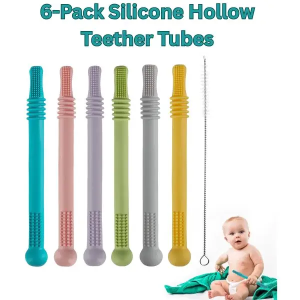 6-Pack Silicone Hollow Teether Tubes, BPA-Free Sensory Chew Straws for Babies 3-36 Months, Freezable Teething Toys for Infant Development-Easter Gift