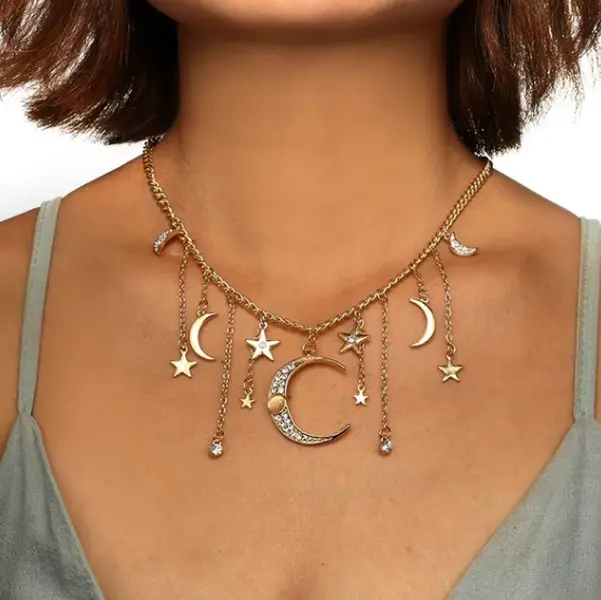Large Crescent Moon & Stars Jewelry Dangle Celestial Rhinestone Necklace