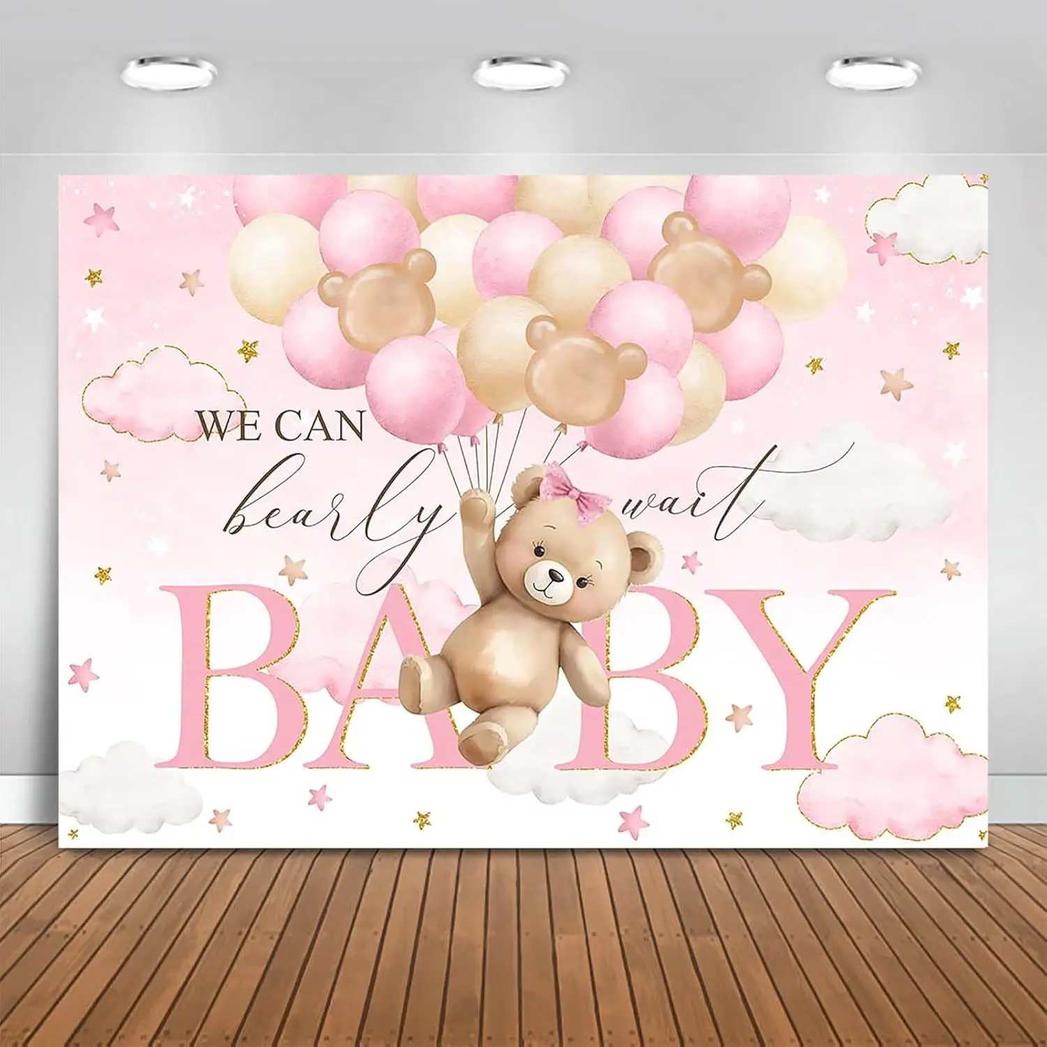 Bear  Shower Backdrop 7x5ft We Can Bearly Wait Party Decorations Background for Girl Bear Theme  Shower Banner Photo Booth Prop (Pink)