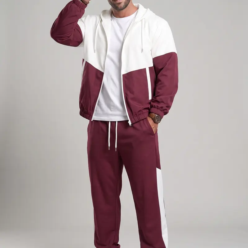 KZZ Men's Modern 2-Piece Colorblock French Terry Sweatsuit Set - Adjustable Zip-Up Hoodie, Long Sleeve Track Pants, Soft Fabric Workout Set & Sports Outerwear (Men's Hoodies, Matched Hoodie+Pants)