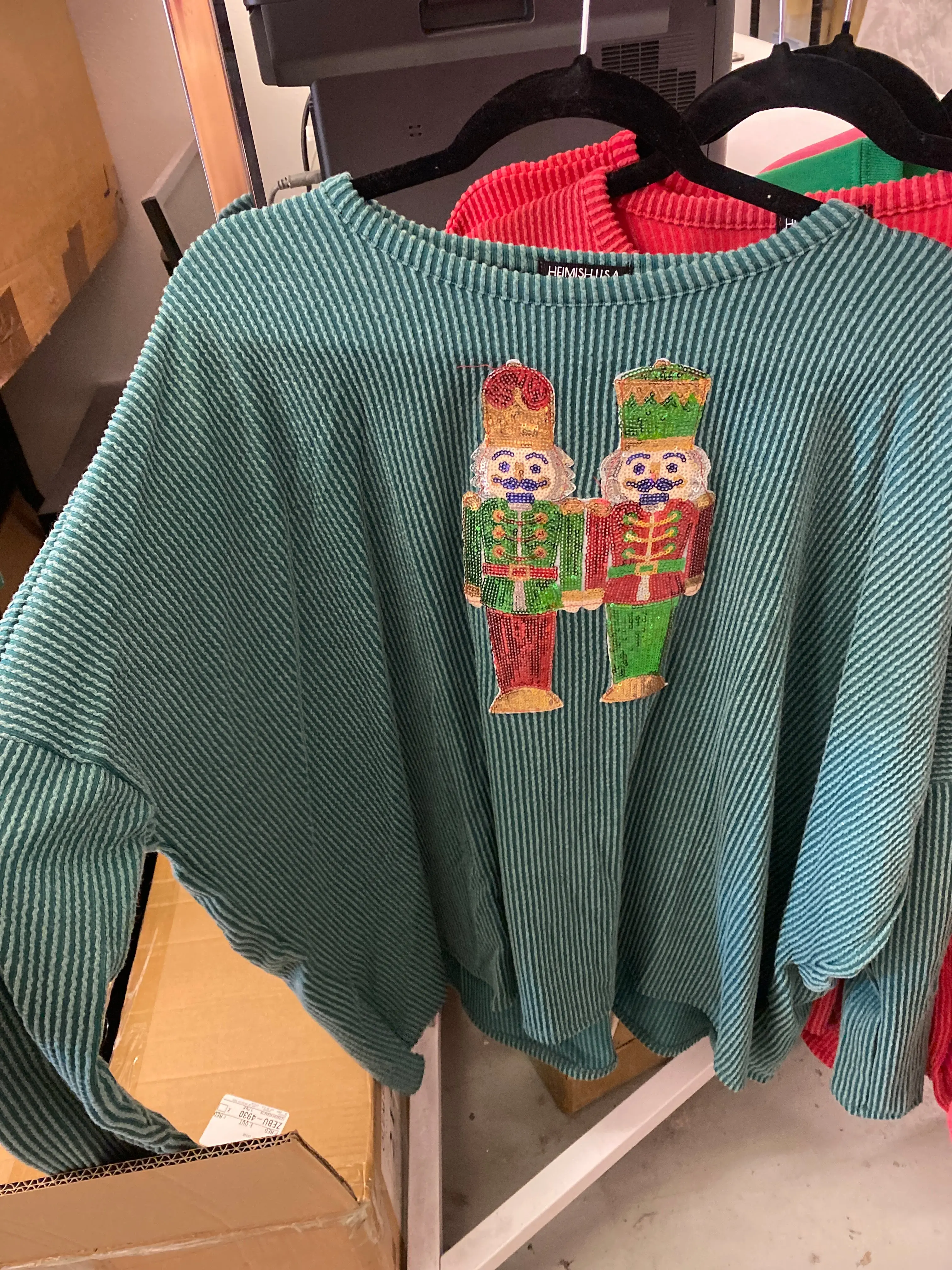 Sequin Nutcracker Oversized Ribbed Top, Green