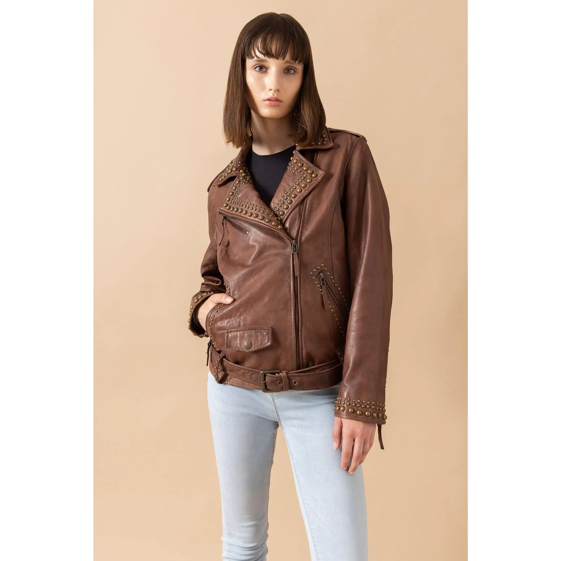 Women's Chocolate Brown Biker Jacket, Vintage Moto Style in Genuine Lamb Leather with a Belt and Studded Lapels