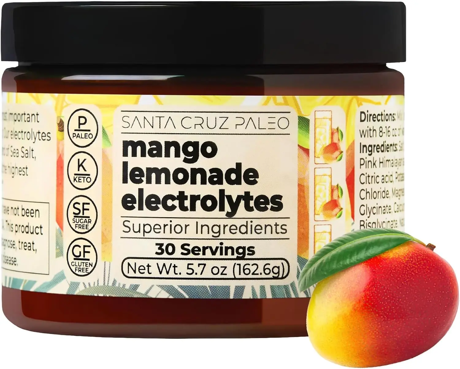 Santa Cruz Paleo Electrolyte Powder, Mango Lemonade, Sugar Free Hydration Drink Mix with Himalayan Pink Salt, Sea Salt, Magnesium Glycinate, Potassium Chloride, Sweetened with Stevia, 30 Servings