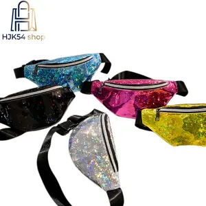Holographic Iridescent Glitter Fanny Pack Adjustable Black Strap Zipper Waist Bag Shiny Laser Crossbody Sling Chest Bag Rave Festival Concert Travel Outdoor Sport Belt Bag for Women