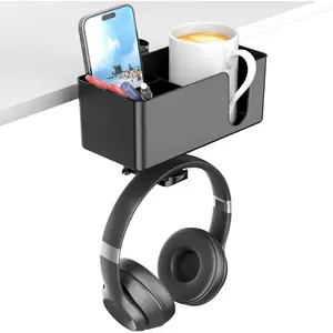 4 in 1 Desk Cup Holder Clamp on Under Desk Headphone Hanger Rotating Detachable Pen Cup Holder Desktop Storage for Cup, Phone and Pen Black