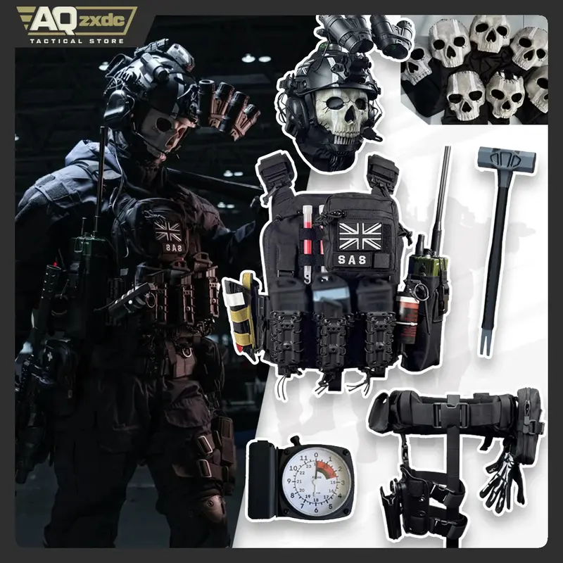 AQzxdc Airsoft Cod 19 Night Raid Ghost Cosplay Full Set of Equipment Ghost Tactical Mask Tactical Vest & Hemlet Set for Halloween Cosplay Party Full Set of Ghost Suits, Masks, Cosplay Props Patellaband Tactical Accessories Womenswear Clothes Costumes