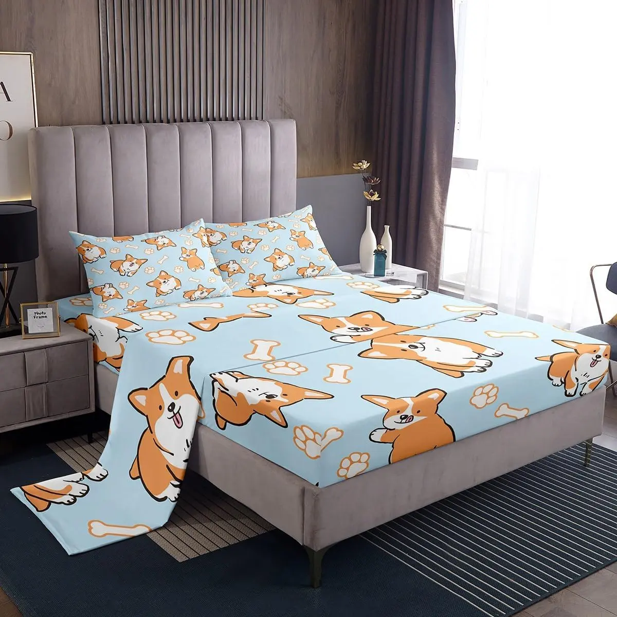 Feelyou Corgi Kawaii Printed Bedding Sheet Sets - Soft Breathable Durable Microfiber Bedding, Deep Pocket Fitted Sheets, All-Seasons Teen Bedding, Summer Bedroom Decor Gift, Printed Bedding Set
