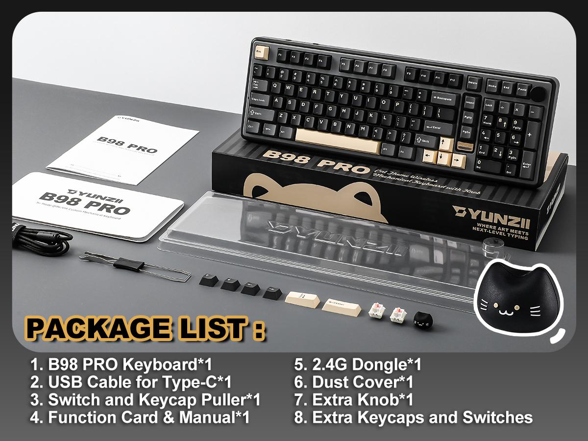 YUNZII B98 PRO Wireless Mechanical Keyboard, QMK/VIA Gaming 96% Layout with Numpad and Cute Cat Knob, BT/2.4G/USB-C, Pre-Lubed Switch Hot Swap Gasket, RGB for Win/Mac