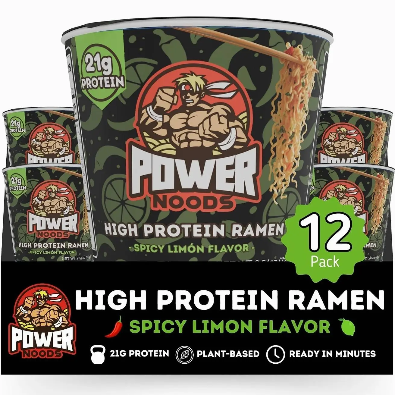 Power Noods High Protein Ramen Noodles - 12 or 6 Pack | Protein Ramen Cups for Lunch or Dinner | Better for You Plant-Based Instant Meal | Spicy Limon