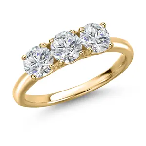 Gem Stone King 10K Yellow Gold Lab Grown Diamond 3-Stone Engagement Ring For Women | 1.50 Cttw | Round 5MM | Gemstone April Birthstone | DEF Color | VVS-VS Clarity
