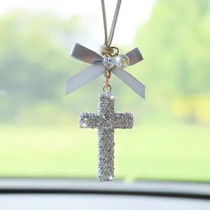 Luxury Car Interior Pendant Rearview Mirror Ornament Decoration Rhinestone Cross Charm High-End Automotive Fashion Accessory Gift
