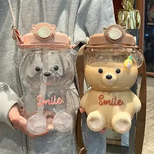 1 One 34 Oz/1000 Ml Cute Bear Water Bottle with Straw, Large Capacity Plastic Water Bottle, Milky Tea Bottle