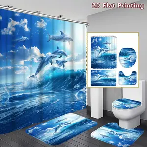4PCS Dolphins Shower Curtain set, Blue Ocean and Dolphins Bathroom Decor, Accessories with Bath Mat, U-shaped Mat, Toilet Lid Cover, 12 Hooks 180x180cm Curtain, Ocean Lovers, Home Decor, bathroom accessories