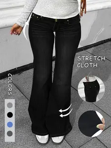 Women's Boho Bohemian Gradient Denim Flare Pants, Zipper Pockets, Button Design, Streetwear Style High Waist Slim Fit Jeans for All Seasons