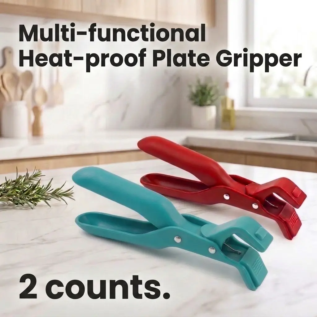 2 Counts Hot Plate Gripper in Red & Green, Multi-Purpose Anti-Scald Clip, Tongs & Clamp for Bowls, Plates, Pans, Serving Holder