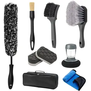 9 count  Wheel Brush kit, Tire Brush, Microfiber Flat Wheel Cleaner Brush, Soft-bristled Rim Cleaner Brush, Tire Shine Applicator, Detailing Brushes, Detailing Pads, Scratch-Free  Drying Towel