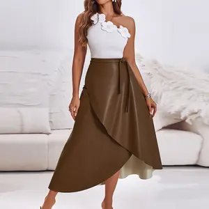 2026 Spring ChicMe Women's PU Leather Wrap Lace-Up Casual Mid-Length Skirt Work Skirt