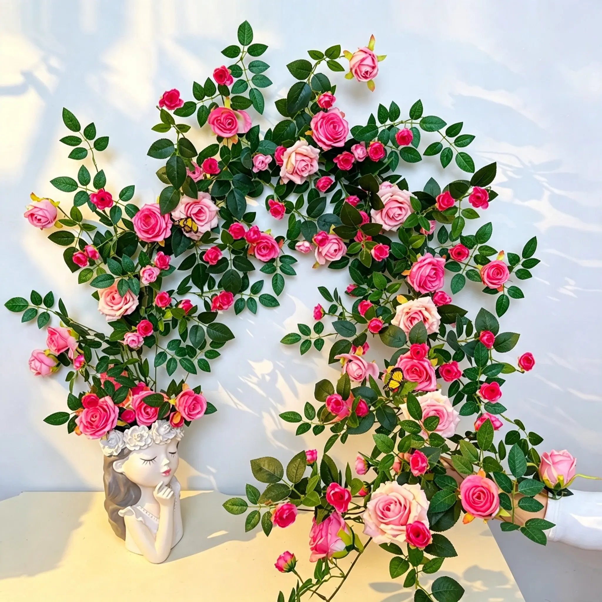 2 Pack Artificial Rose Flower Vines, Realistic Floral Garland for Air Conditioner Pipe Cover, Garden Wall Decor, Aesthetic Hanging Fake Rose Vine for Home Hide Ugly Pipe Wedding Decor, Two Piece Set, Realistic Vines