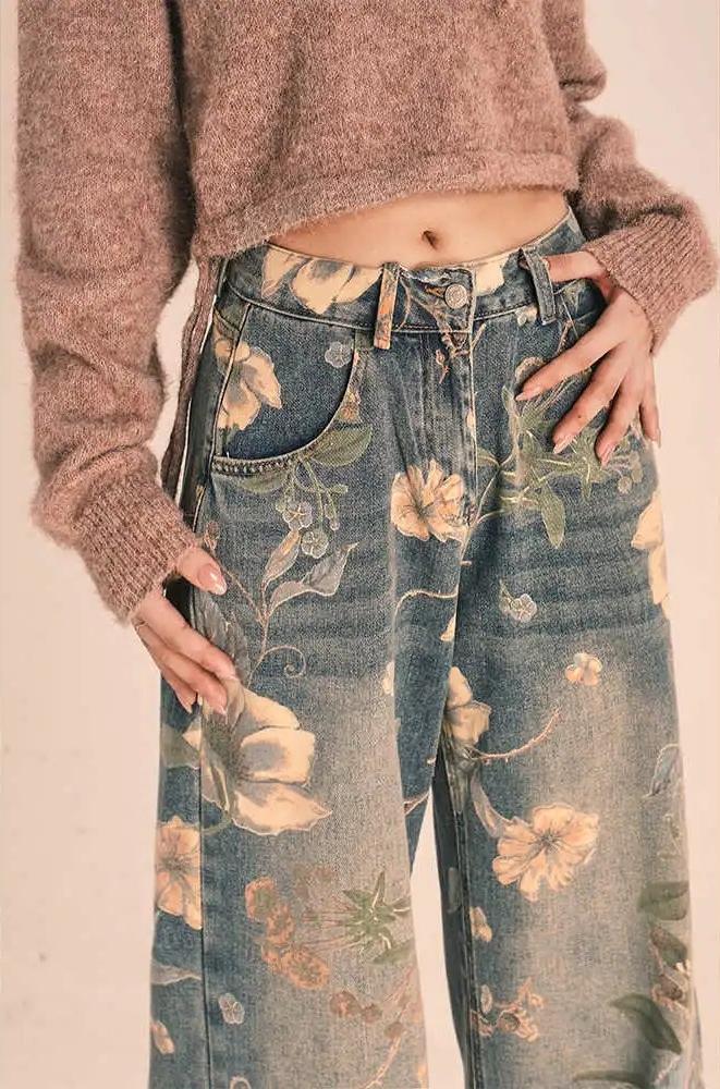Unisex Floral Print Wide-Leg Jeans - Mid-Rise, Straight-Leg, Slim Fit, Floor-Length Denim Pants with Details, Machine Washable - Blue Floral Design for Men & Women, All season Jeans | Floral Denim Pants | Machine Washable Pants Casual Menswear