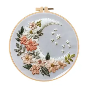 Beginner-Friendly Embroidery Kit, Elegant Cross Stitch Set, Silver Moon Flower Blossoms Style, DIY Embroidery Supplies, Embroidery Thread, Includes Printed Cotton Fabric, English