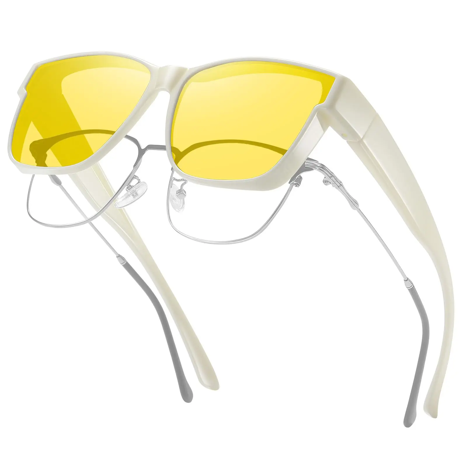 HAOLOTA Polarized Sunglasses - HD Night Vision Yellow Tinted Anti-Glare TR90 Plastic Full Rim Square Wrap-Around Fit Over Prescription Glasses for Men, Lightweight Durable Unisex Nighttime Eyewear, Wraparound, Eyewear Fashion
