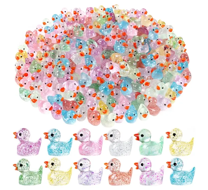 100pcs Mini Glitter Ducks Colorful Tiny Small Little Resin Ducks to Hide Plastic Animal Figures for for Dollhouse Micro Dollhouse Landscape Aquarium Decorations