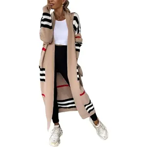Women's Vintage Open Front Knit Striped Maxi Long Cardigan Sweater with Pockets