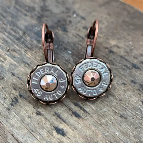 Copper and Rose Gold lever back earrings with 45 Auto bullets Cute Western Style Earrings