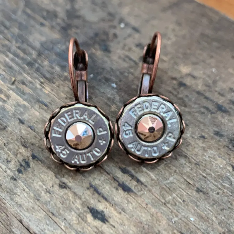 Copper and Rose Gold lever back earrings with 45 Auto bullets Cute Western Style Earrings