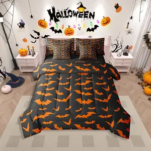 Bats 7 Piece Bedding Set,Halloween Comforter Set,with Sheets Gothic Animal Adults Kids Children Bed in A Bag,Black Boys Orange Bed Sets