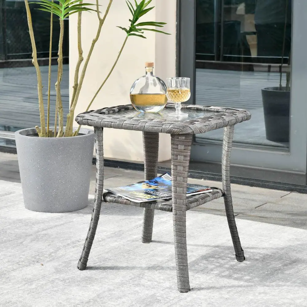【Summerfinds】Ovios Outdoor Wicker Patio Side Table with Tempered Glass Top & Storage Shelf, All-Weather Rattan Coffee End Table for Balcony, Backyard, Deck, Porch & Garden