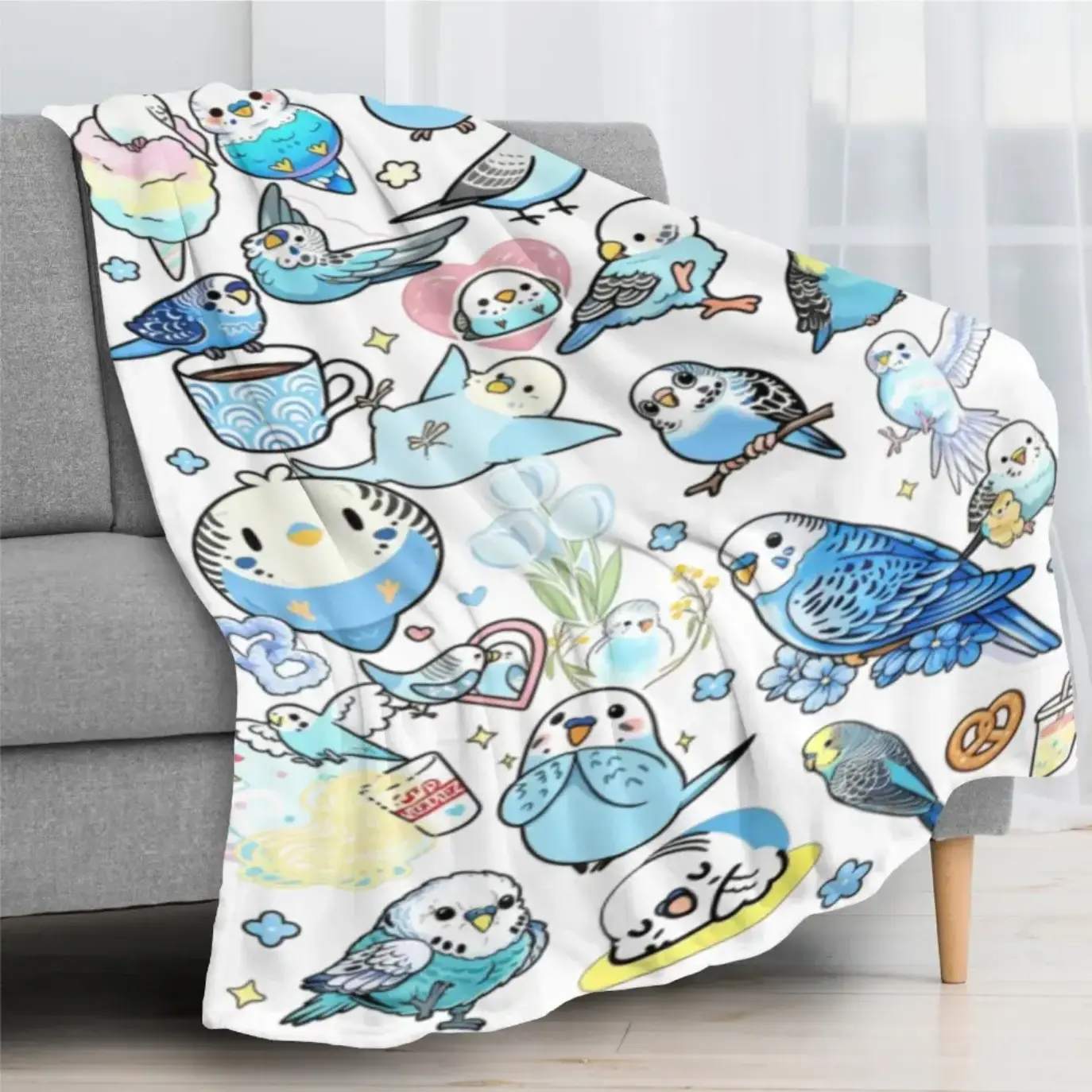Cute Budgie Parakeet Cartoon Throw Blanket, Soft Cozy Lightweight Bed Blanket with Funny Pet Bird Collage for Couch Sofa Bedroom Decor, Birthday Gift for Bird Lovers Kids Teens and Adults