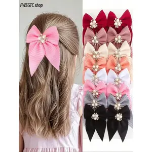 10-piece elegant pearl crystal hair clips set for girls. Made of soft knit fabric with smooth texture and lovely bow design. Delicate princess style, cute and versatile, ideal for daily dressing and casual outings.