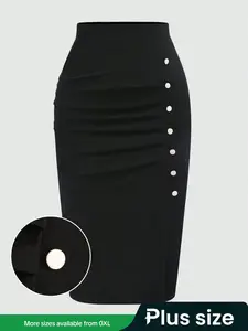 Elegant Plus Size Midi Skirt for Women, Solid Color Pleated Design with Button Decoration, Slim-Fit A-Line Dress for All Seasons, Womenswear