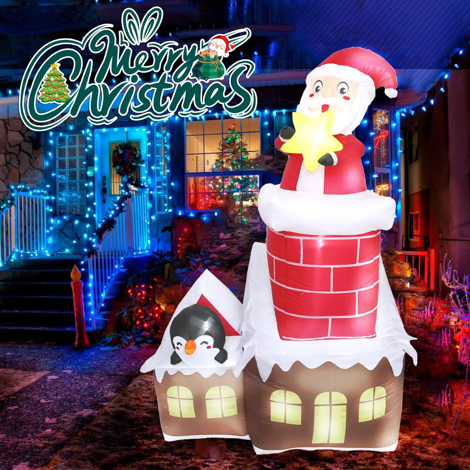 7 FT Christmas Inflatable House Decoration, Santa in Chimney with Penguin & LED Lights, Blow Up Christmas Inflatable Yard Decor for Holiday Party, Lawn, Garden